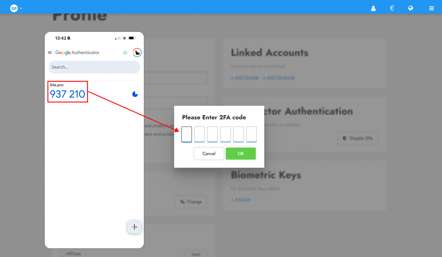 Entering 2FA code to disable authentication